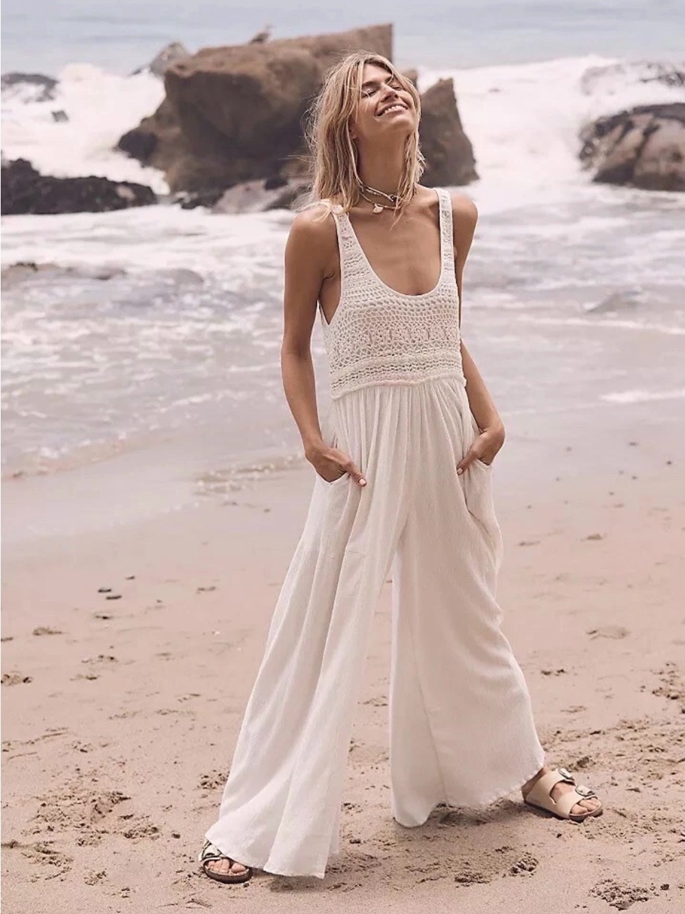 NWT FREE PEOPLE SOLEIL WIDE LEG ONE PIECE CROCHET TOP JUMPSUIT IVORY-XS-Read
